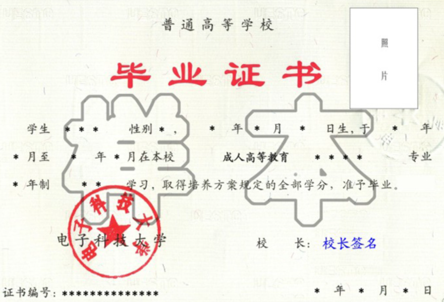 电子科技大学成人教育毕业证样本